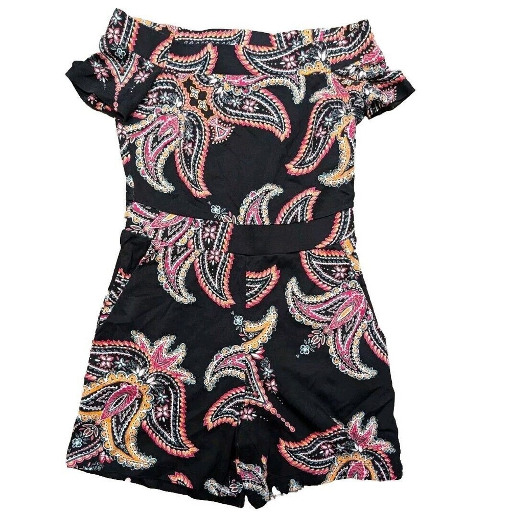 New York & Company Romper Sz XS Womans Black Paisley Off the Shoulder Cotton